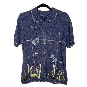 Shaver Lake Women’s Vintage Butterfly Garden Knit Cardigan Sweater Blue Medium